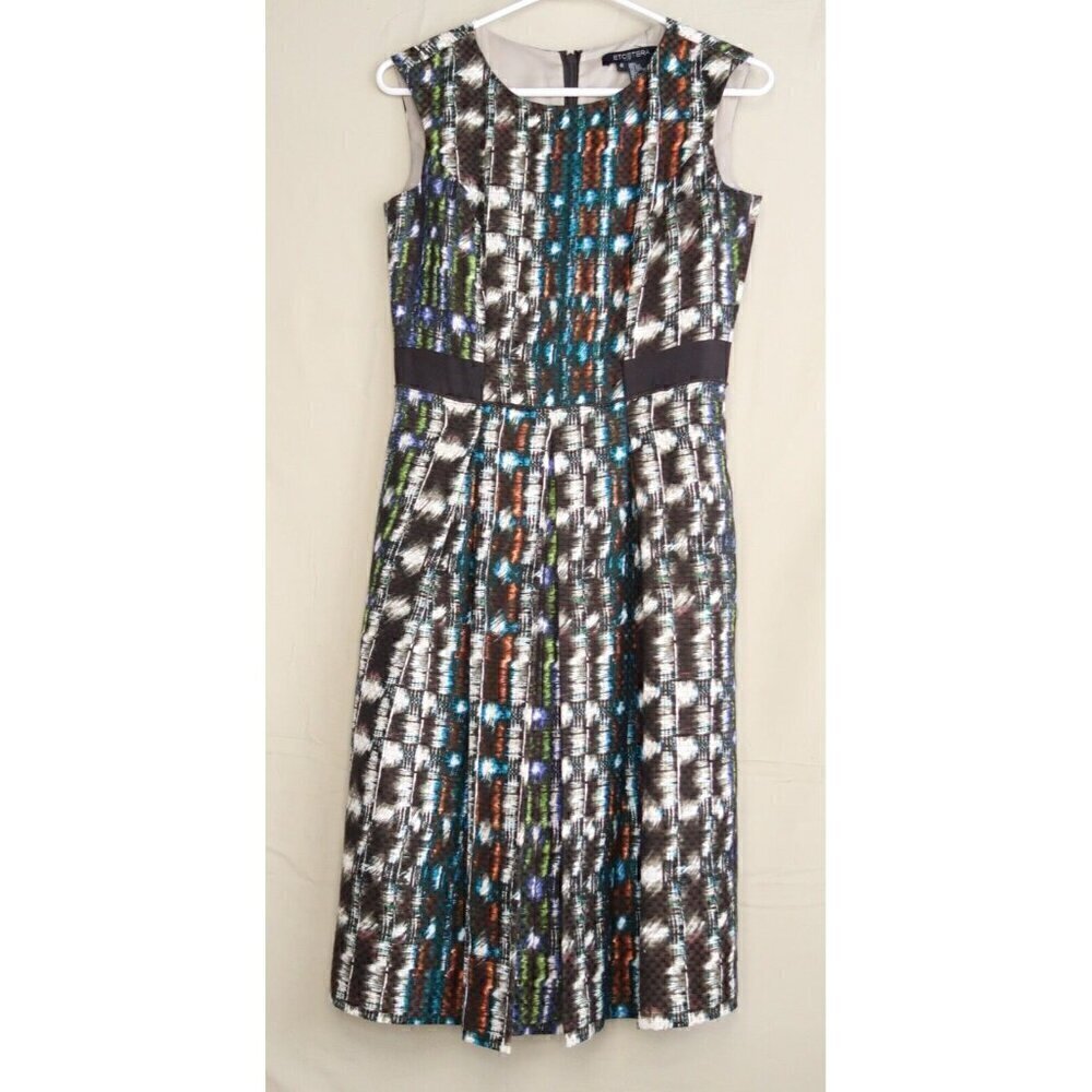 Etcetera Silk Wool Blend Midi Dress Blue Brown A-Line Sleeveless Women's 0 EUC